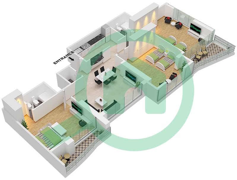 المخططات الطابقية لتصميم الوحدة 2 شقة 3 غرف نوم - مارينا بيناكل Unit 2 interactive3D