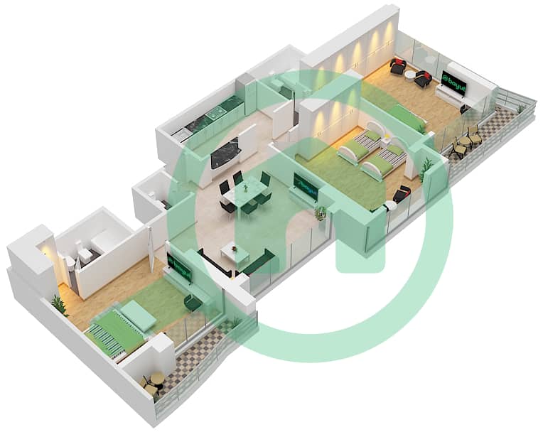 المخططات الطابقية لتصميم الوحدة 6 FLOOR 64 شقة 3 غرف نوم - مارينا بيناكل Unit 6 Floor 64 interactive3D