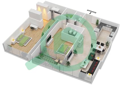المخططات الطابقية لتصميم النموذج A شقة 2 غرفة نوم - برج هيليانا