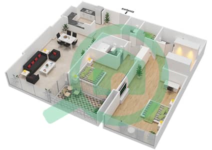 المخططات الطابقية لتصميم النموذج B شقة 2 غرفة نوم - برج هيليانا