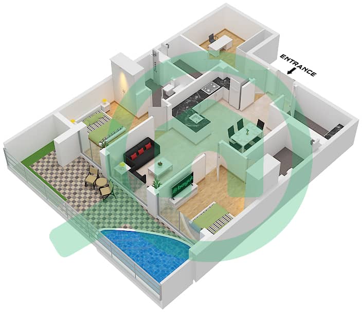 المخططات الطابقية لتصميم النموذج B شقة 2 غرفة نوم - حدائق ويبريدج 3 Type B interactive3D