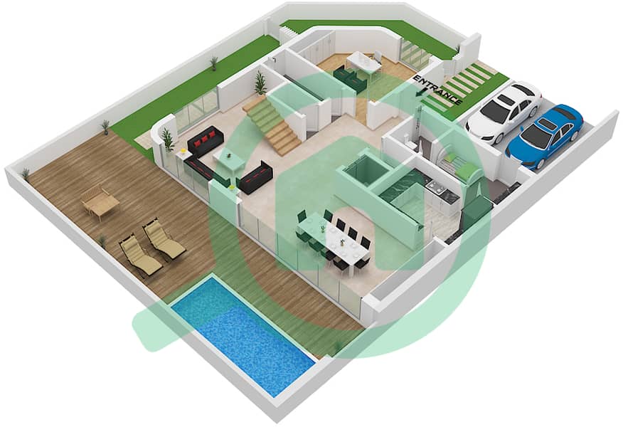 المخططات الطابقية لتصميم النموذج A2 تاون هاوس 4 غرف نوم - الطي هيلز Type A2 Ground Floor interactive3D