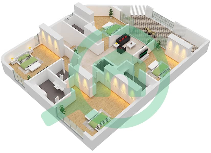 المخططات الطابقية لتصميم النموذج A2 تاون هاوس 4 غرف نوم - الطي هيلز Type A2 First Floor interactive3D