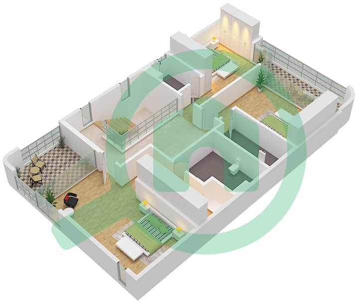 المخططات الطابقية لتصميم النموذج B1 تاون هاوس 3 غرف نوم - الطي هيلز Type B1 Frist Floor interactive3D