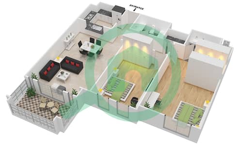 المخططات الطابقية لتصميم الوحدة 7 شقة 2 غرفة نوم - بناية لامتارا 2