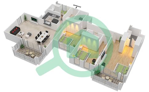 المخططات الطابقية لتصميم الوحدة 2 شقة 3 غرف نوم - بناية لامتارا 2