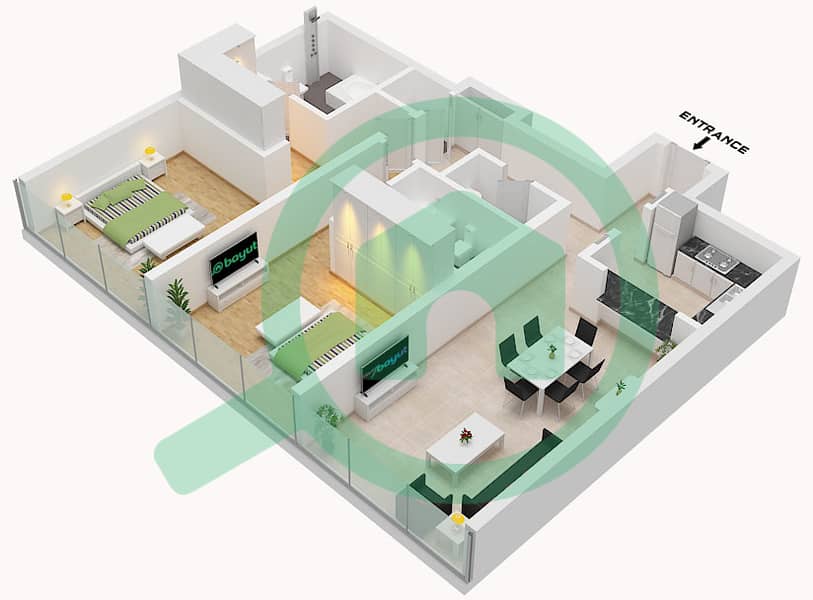 المخططات الطابقية لتصميم النموذج / الوحدة D / UNIT 10 FLOOR 2 شقة 2 غرفة نوم - مساكن لمار Type D Unit 10 Floor 10 interactive3D