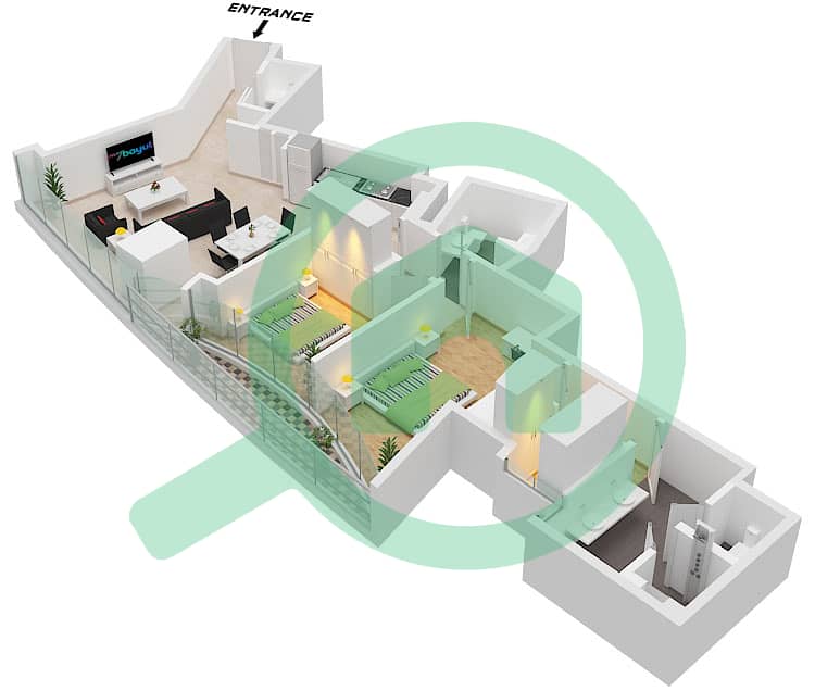 谦恭天际景观1号大楼 - 2 卧室公寓单位01 FLOOR 28戶型图 Unit 01 Floor 28 interactive3D