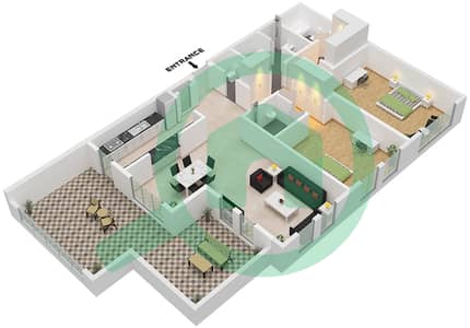 المخططات الطابقية لتصميم النموذج A شقة 2 غرفة نوم - باب البحر