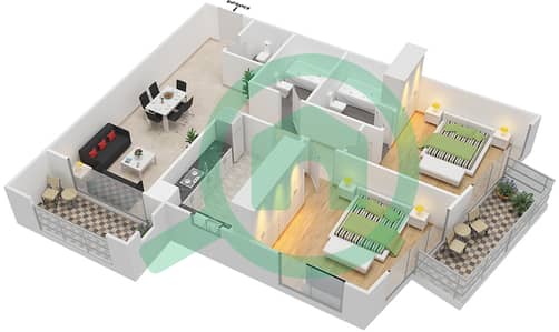 المخططات الطابقية لتصميم النموذج / الوحدة F/6 شقة 2 غرفة نوم - شقق لا فونتانا