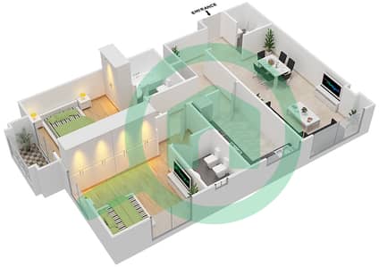 المخططات الطابقية لتصميم النموذج C شقة 2 غرفة نوم - بناية نارسيسوس