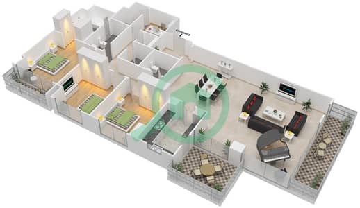 جنة 2 - الساحة الرئيسية - 3 غرفة شقق النموذج / الوحدة 3D-2/301,305,501,504 مخطط الطابق