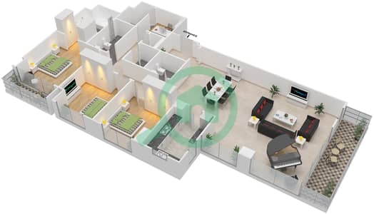 جنة 2 - الساحة الرئيسية - 3 غرفة شقق النموذج / الوحدة 3D-3/401,404,601,604 مخطط الطابق