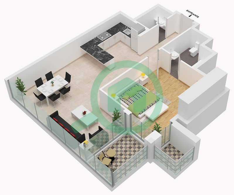 Сулафа Тауэр - Апартамент 1 Спальня планировка Тип A2 Type A2 interactive3D