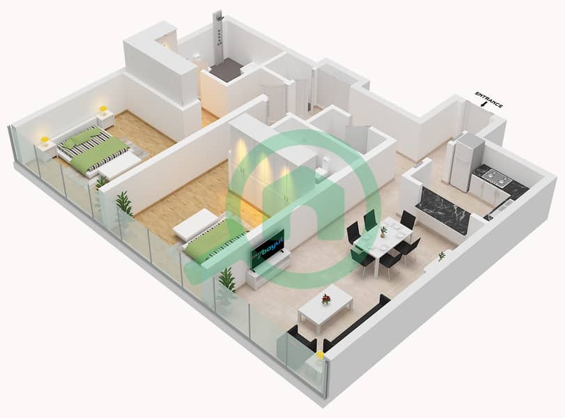 杜拉赫大厦 - 2 卧室公寓类型／单位D / UNIT 10 FLOOR 2戶型图 Type D Unit 10 Floor 2 interactive3D