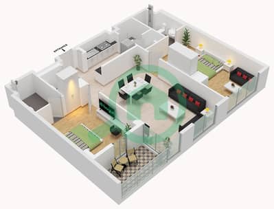 المخططات الطابقية لتصميم الوحدة 14 FLOOR 2 شقة 2 غرفة نوم - سي 3