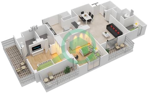 Al Ramth 11 - 2 Bedroom Apartment Type 1A Floor plan