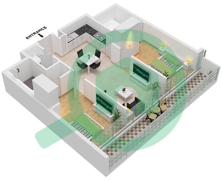 المخططات الطابقية لتصميم النموذج D شقة 2 غرفة نوم - أيكون سيتي تاور C Type D interactive3D
