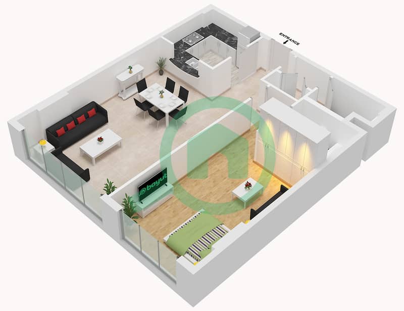 Силикон Хайтс 1 - Апартамент 1 Спальня планировка Тип A Type A interactive3D