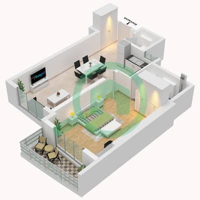 المخططات الطابقية لتصميم النموذج A شقة 1 غرفة نوم - أبراج لؤلؤة عجمان