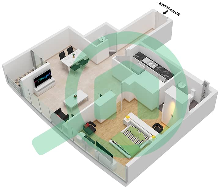 Al Yousuf Tower 2 - 1 Bedroom Apartment Type F Floor plan Type F interactive3D