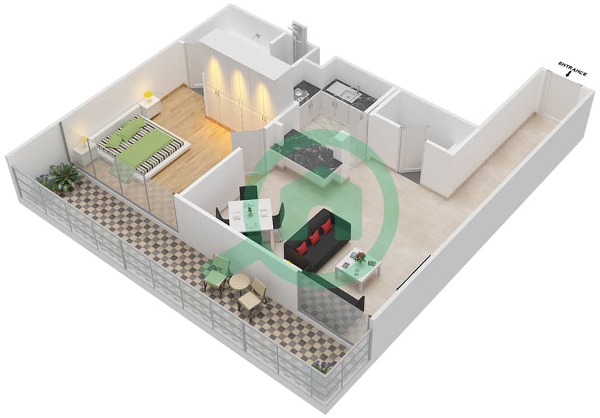 Галереи - Апартамент 1 Спальня планировка Единица измерения 105,205,305 image3D