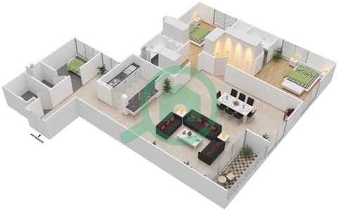 المخططات الطابقية لتصميم الوحدة 101,201,301 شقة 2 غرفة نوم - ذا غاليريز