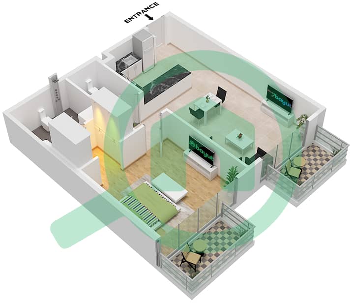 المخططات الطابقية لتصميم النموذج B شقة 1 غرفة نوم - عزيزي جراند Type B interactive3D