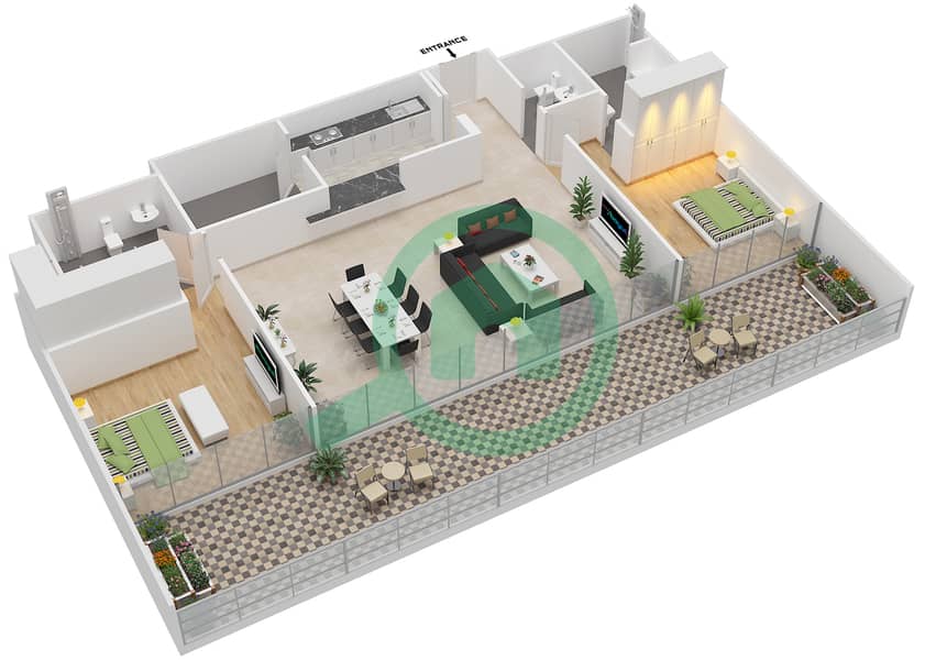Галереи - Апартамент 2 Cпальни планировка Единица измерения 407 image3D