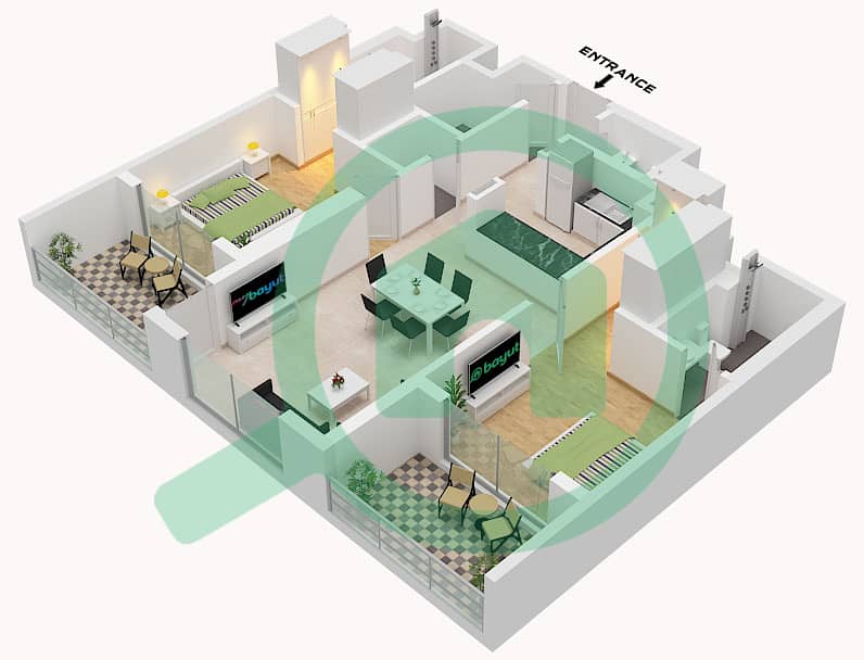 Крест Гранде - Апартамент 2 Cпальни планировка Тип P interactive3D