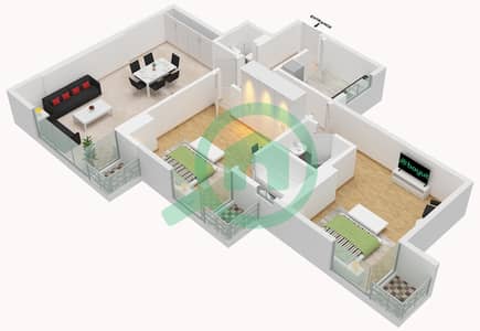 المخططات الطابقية لتصميم الوحدة 05 شقة 2 غرفة نوم - برج فالكون A1