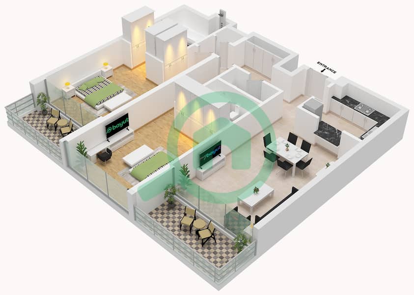 المخططات الطابقية لتصميم النموذج A شقة 2 غرفة نوم - مساكن لمار Type A interactive3D