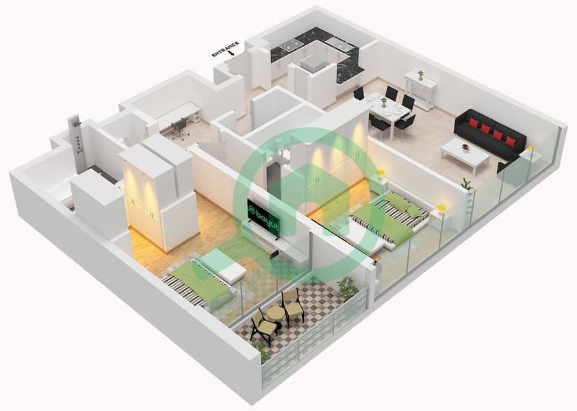 المخططات الطابقية لتصميم الوحدة 05 FLOOR 9 شقة 2 غرفة نوم - مساكن لمار Unit 05 Floor 9 interactive3D