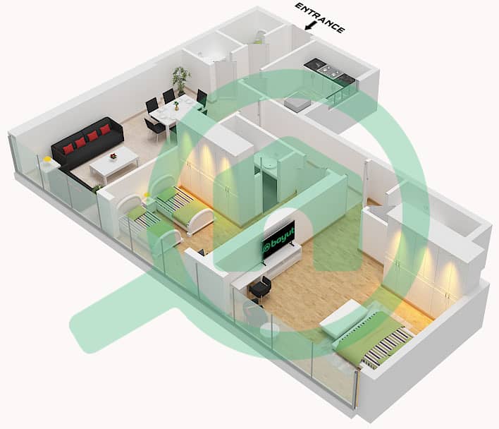 拉普拉吉大厦 - 2 卧室公寓类型44戶型图 Type 44 interactive3D