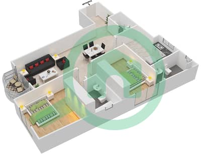 المخططات الطابقية لتصميم الوحدة 3 شقة 2 غرفة نوم - ريفييرا ريزيدنس