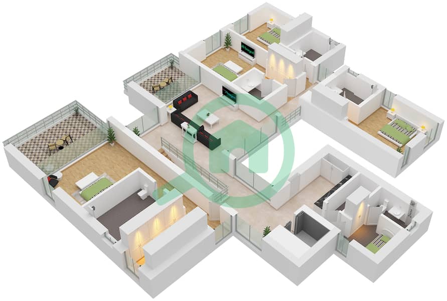 Type H-5BR Floor First المخططات الطابقية لتصميم النموذج H-5BR فیلا 5 غرف نوم - عقارات ذا إيكرز Type H-5BR Floor First interactive3D