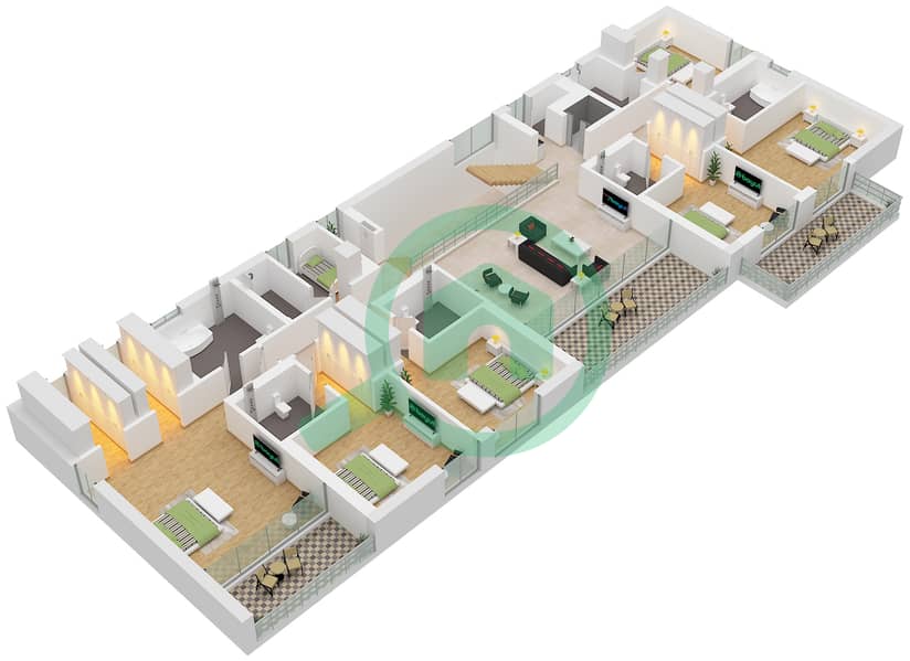 Type L-7BR Floor First المخططات الطابقية لتصميم النموذج L-7BR فیلا 7 غرف نوم - عقارات ذا إيكرز Type L-7BR Floor First interactive3D