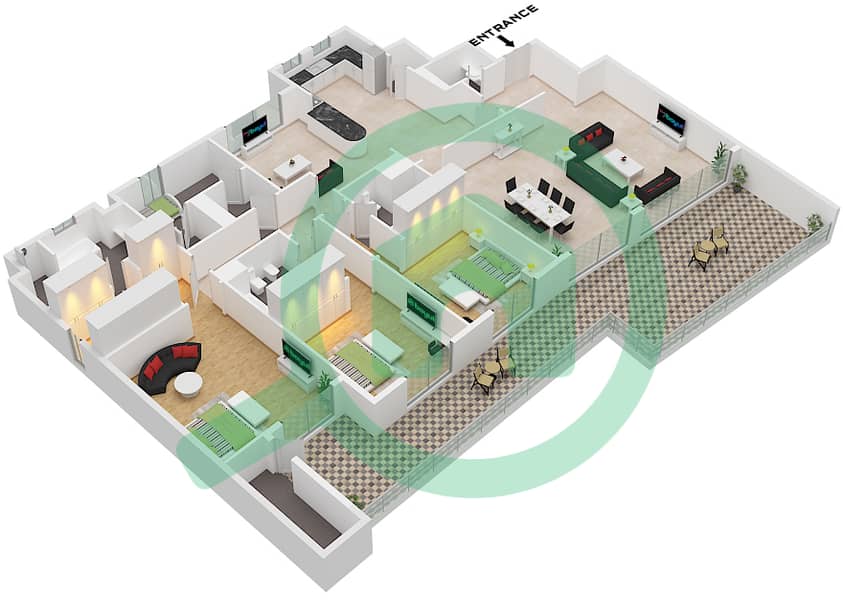 Type Appendix-B Terraced Apartments - Grundriss für 3 Schlafzimmer Wohnung Typ APPENDIX-B Type Appendix-B interactive3D