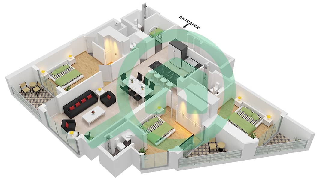 Waves Opulence - 3 Bedroom Apartment Type B Floor plan Type B interactive3D