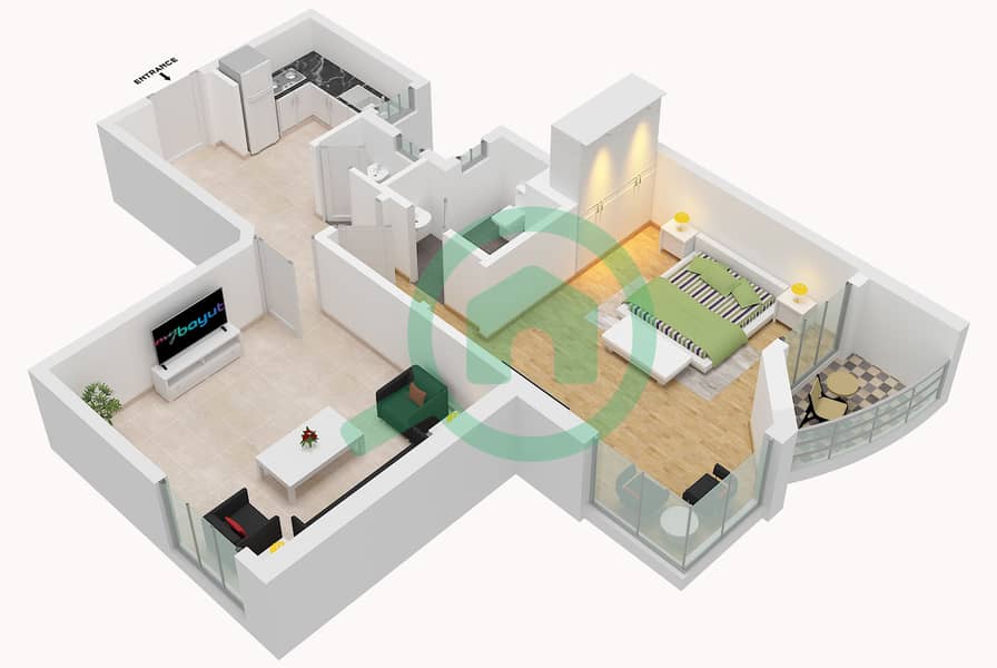 Аль Кор Тауэрс - Апартамент 1 Спальня планировка Единица измерения 1 Unit 1 interactive3D