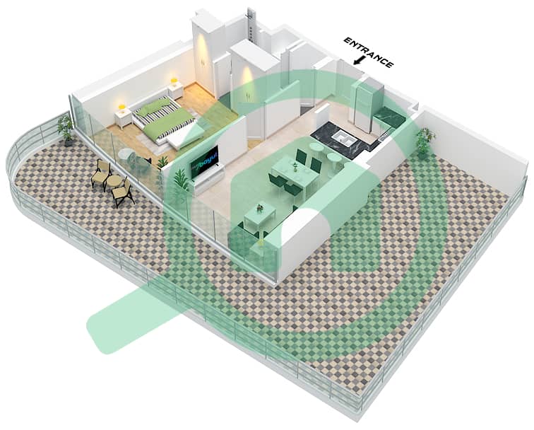 المخططات الطابقية لتصميم النموذج 23 شقة 1 غرفة نوم - داماك باي برج C Type 23 Floor 13,17 interactive3D
