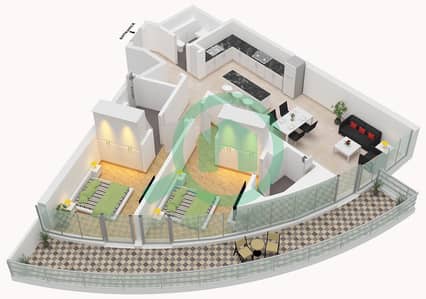 المخططات الطابقية لتصميم النموذج A شقة 2 غرفة نوم - برج كنال كراون 1