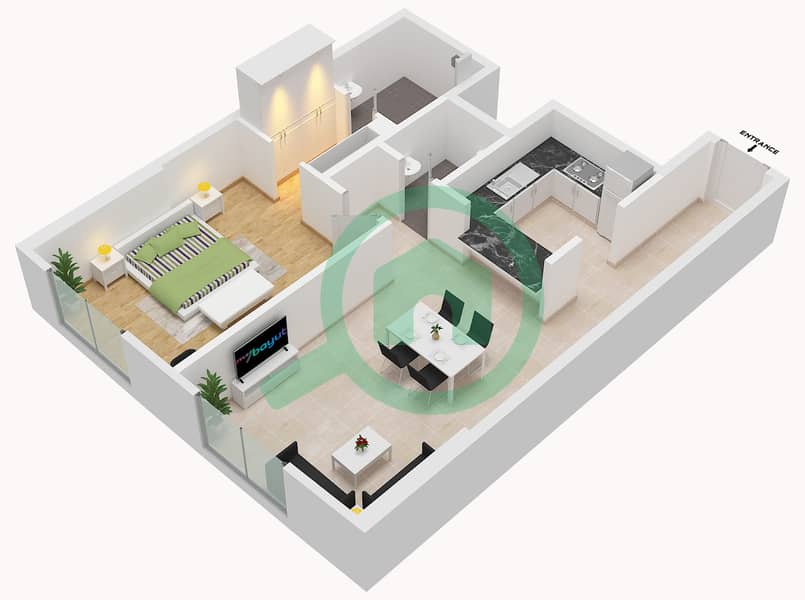 المخططات الطابقية لتصميم الوحدة 06 شقة 1 غرفة نوم - برج دنيا Unit 06 interactive3D