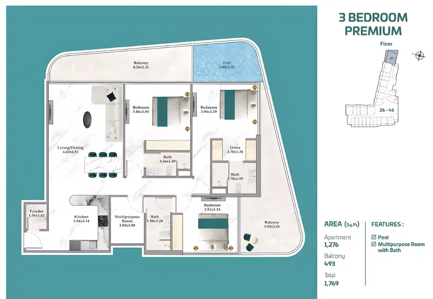 3 BR floor plan