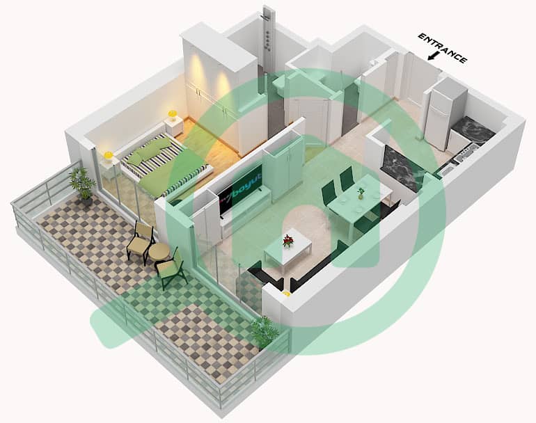 Binghatti Creek - Grundriss für 1 Schlafzimmer Wohnung Einheit 15 Unit 15 interactive3D
