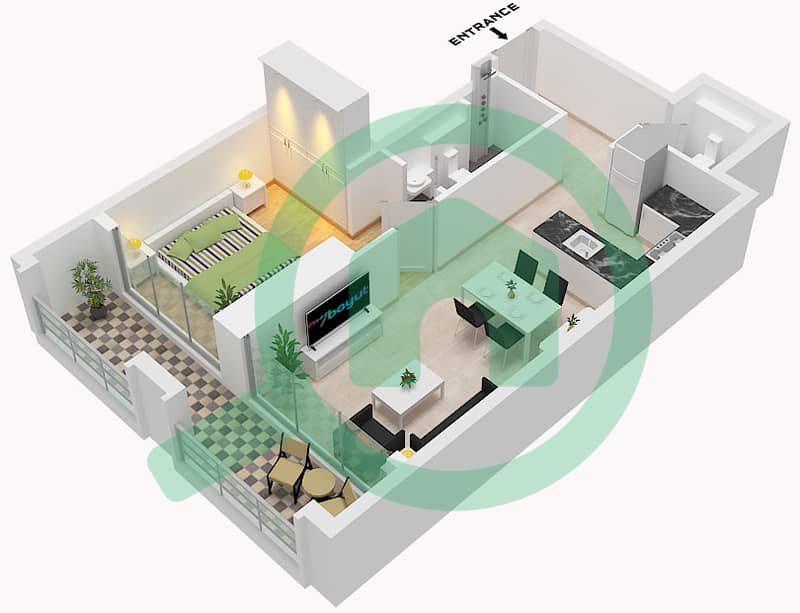 المخططات الطابقية لتصميم النموذج 2 شقة 1 غرفة نوم - بن غاطي مونلايت Type 2 interactive3D