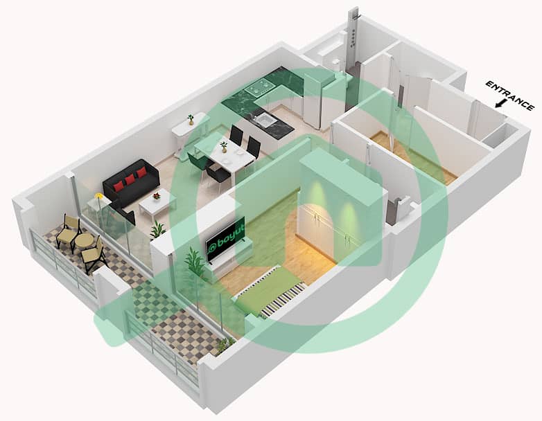 المخططات الطابقية لتصميم النموذج 3 شقة 1 غرفة نوم - بن غاطي مونلايت Type 3 interactive3D