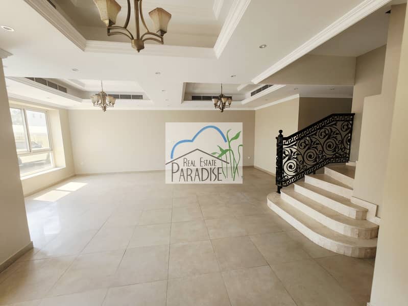 Available modern finish new 4 bedroom 2 master bedrooms villa/maids room/store room/laundry space/private back yard covered parking for rent in mirdif