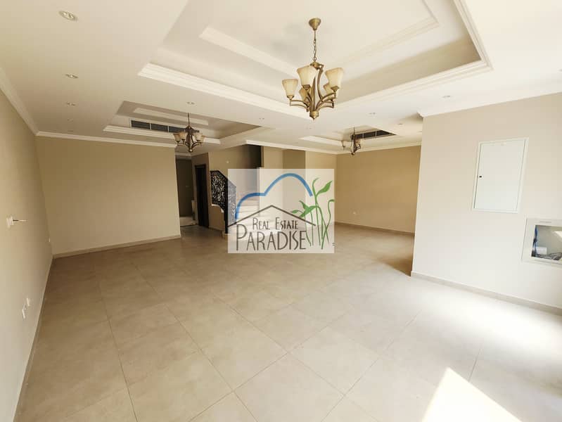 Available modern finish new 4 bedroom 2 master bedrooms villa/maids room/store room/laundry space/private back yard covered parking for rent in mirdif