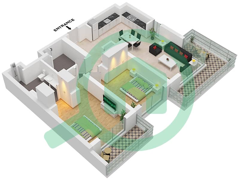 المخططات الطابقية لتصميم النموذج / الوحدة 1A / UNIT 2,6 FLOOR 2-6 شقة 2 غرفة نوم - سي سكيب بناية 2 Type 1A Unit 2,6 Floor 2-6 interactive3D
